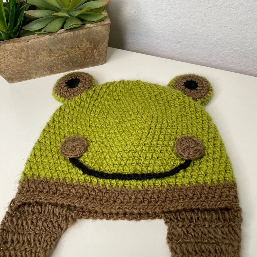Kids Crochet Frog Hat Green Brown Ear Flaps Winter Beanie Cap Unisex‎